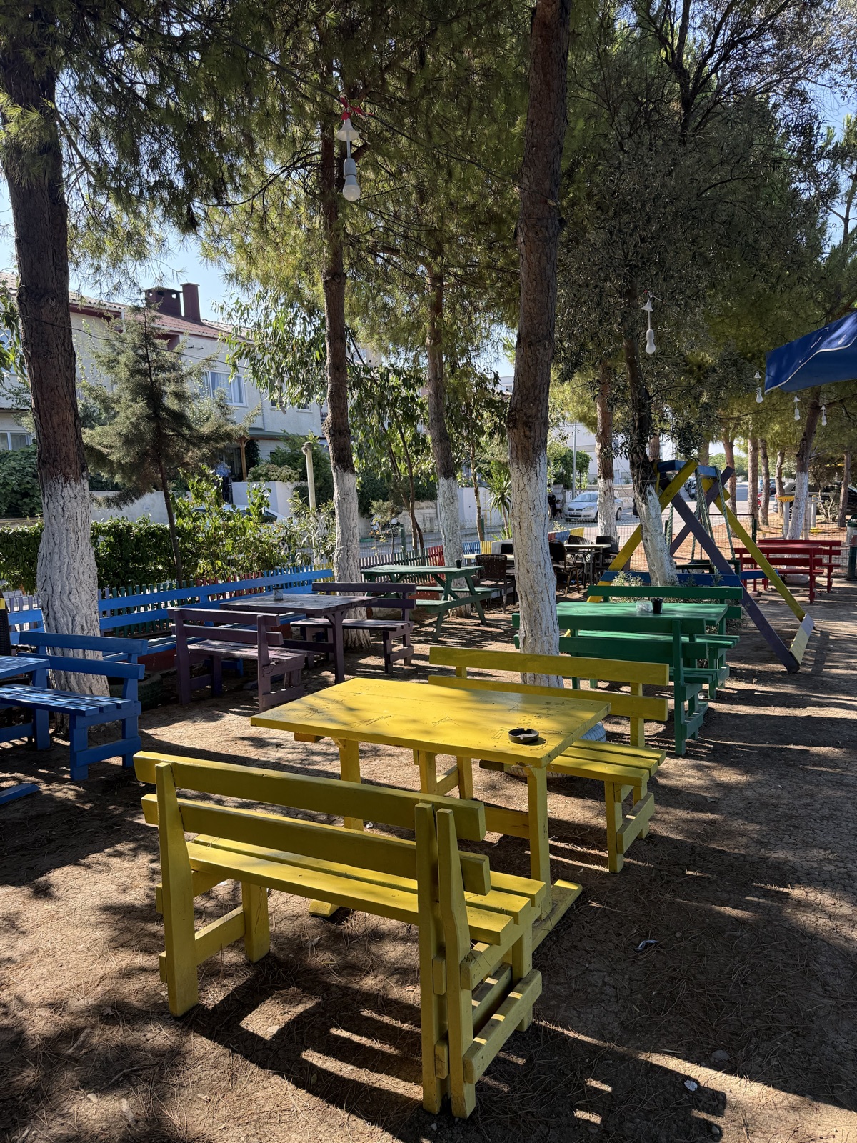 Çam ağaçları altında renkli Saklı Bahçe masaları